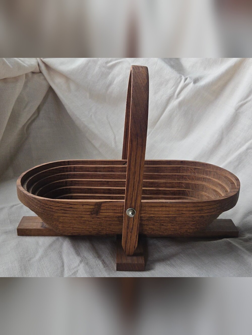 Handcrafted Wooden Split-Reed Basket with Handle - Rich Walnut Tone